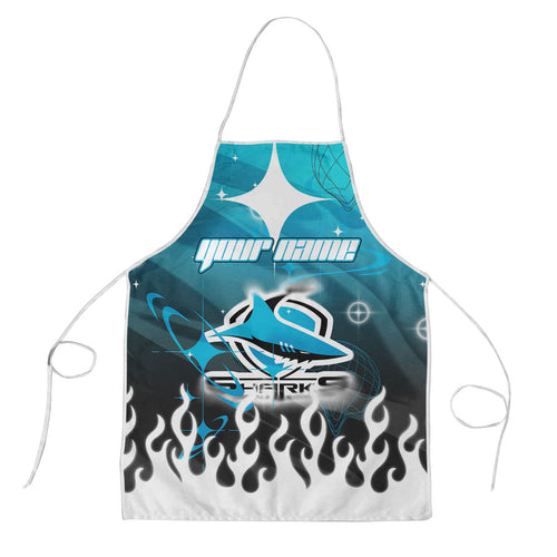 Personalized Cronulla-Sutherland Sharks Apron Y2K Grunge Aesthetic With Cyber Flames and Starburst Graphics