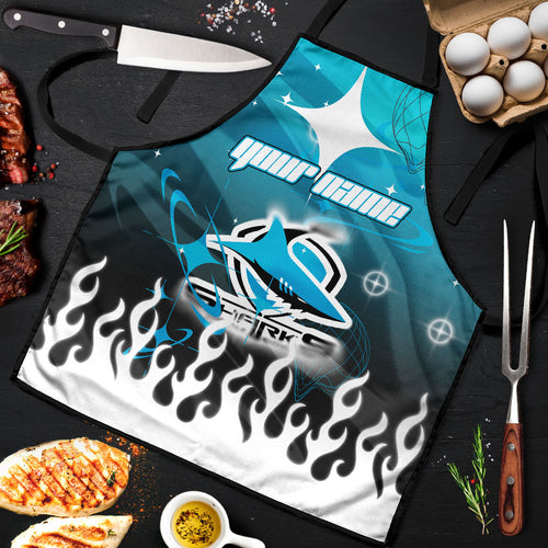 Personalized Cronulla-Sutherland Sharks Apron Y2K Grunge Aesthetic With Cyber Flames and Starburst Graphics