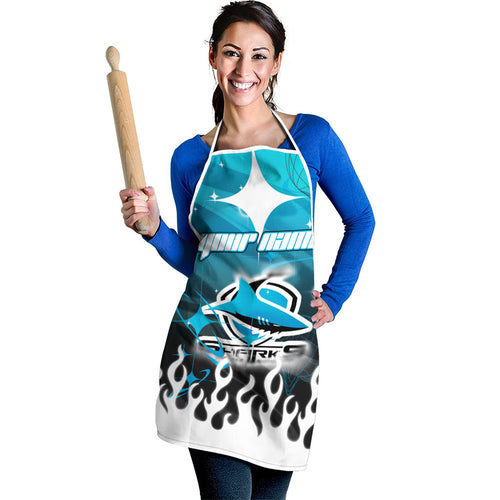 Personalized Cronulla-Sutherland Sharks Apron Y2K Grunge Aesthetic With Cyber Flames and Starburst Graphics