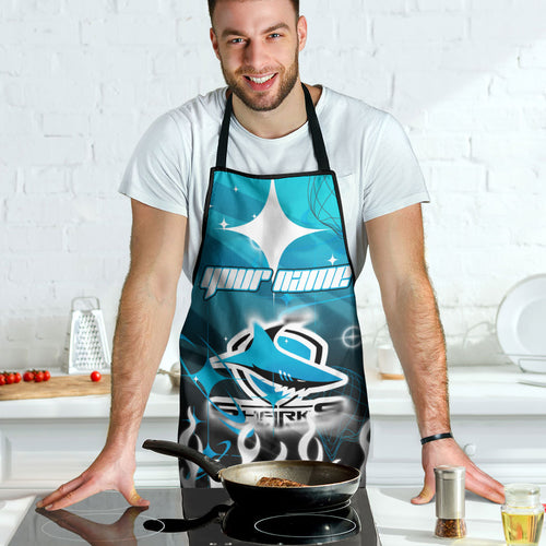 Personalized Cronulla-Sutherland Sharks Apron Y2K Grunge Aesthetic With Cyber Flames and Starburst Graphics