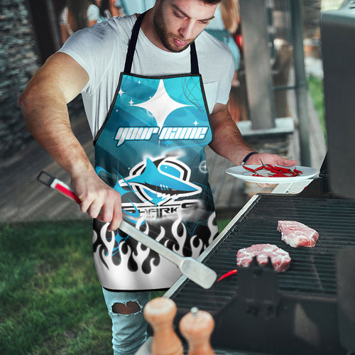 Personalized Cronulla-Sutherland Sharks Apron Y2K Grunge Aesthetic With Cyber Flames and Starburst Graphics