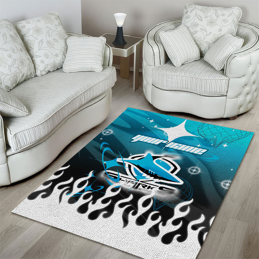 Personalized Cronulla-Sutherland Sharks Area Rug Y2K Grunge Aesthetic With Cyber Flames and Starburst Graphics