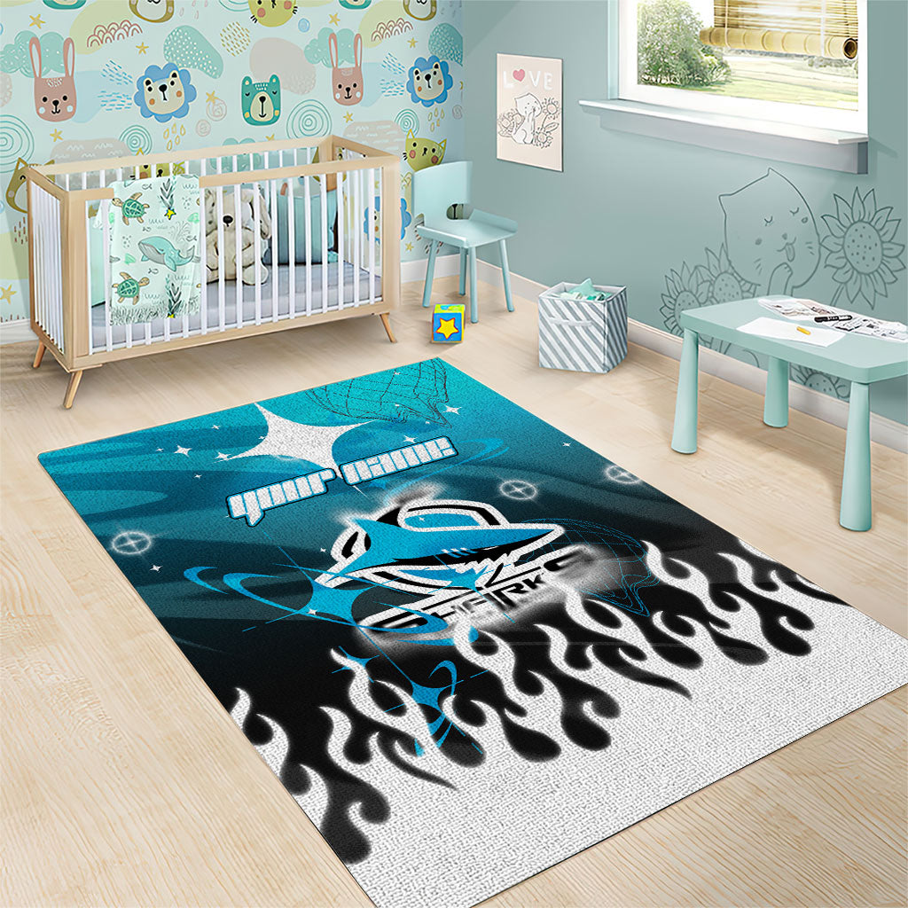 Personalized Cronulla-Sutherland Sharks Area Rug Y2K Grunge Aesthetic With Cyber Flames and Starburst Graphics