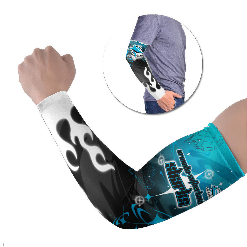 Personalized Cronulla-Sutherland Sharks Arm Sleeves Y2K Grunge Aesthetic With Cyber Flames and Starburst Graphics