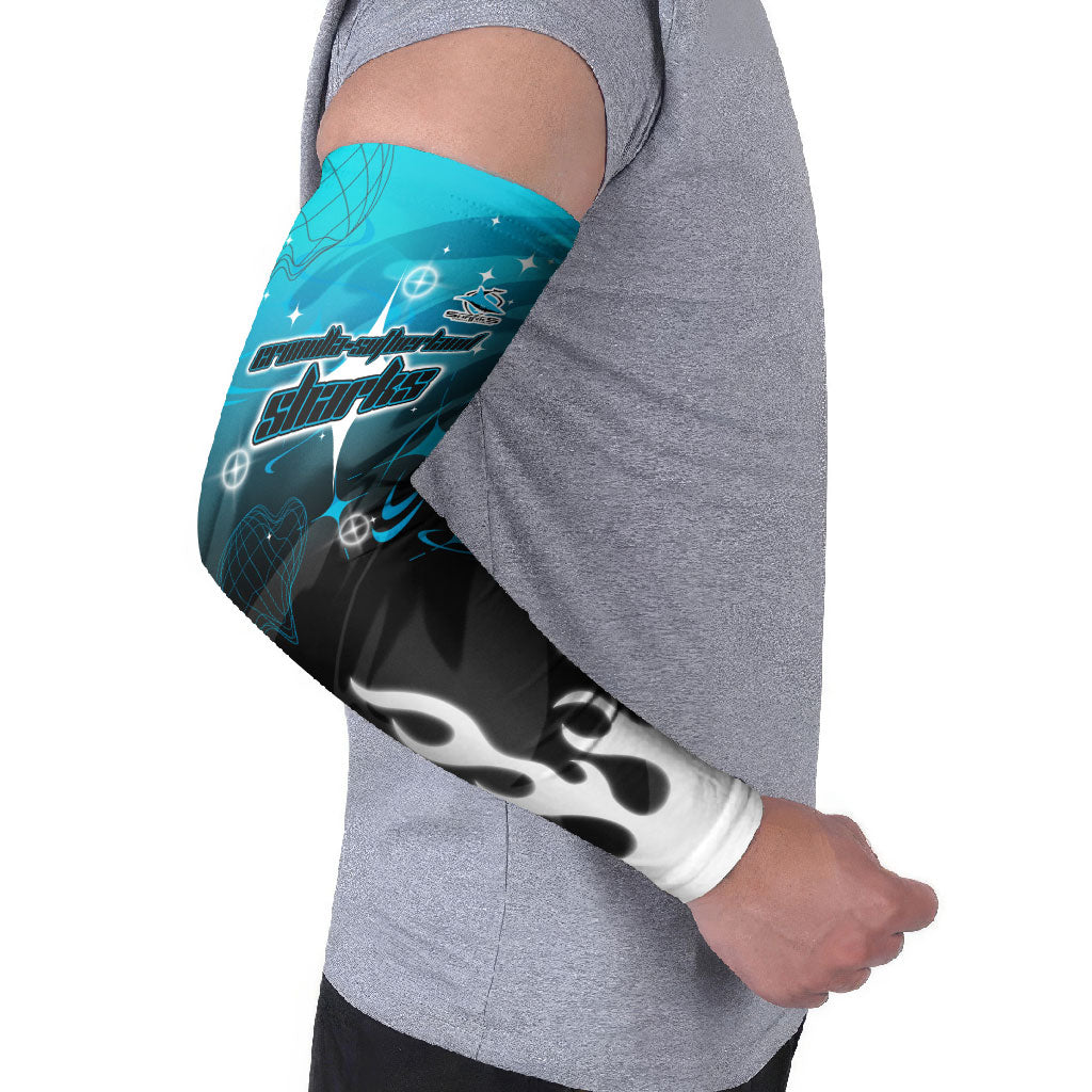 Personalized Cronulla-Sutherland Sharks Arm Sleeves Y2K Grunge Aesthetic With Cyber Flames and Starburst Graphics