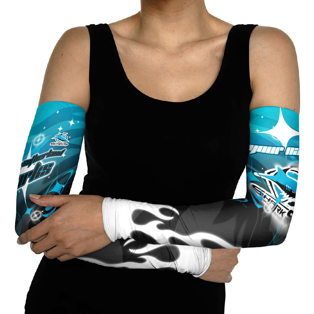 Personalized Cronulla-Sutherland Sharks Arm Sleeves Y2K Grunge Aesthetic With Cyber Flames and Starburst Graphics