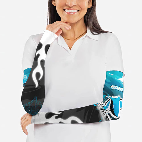 Personalized Cronulla-Sutherland Sharks Arm Sleeves Y2K Grunge Aesthetic With Cyber Flames and Starburst Graphics