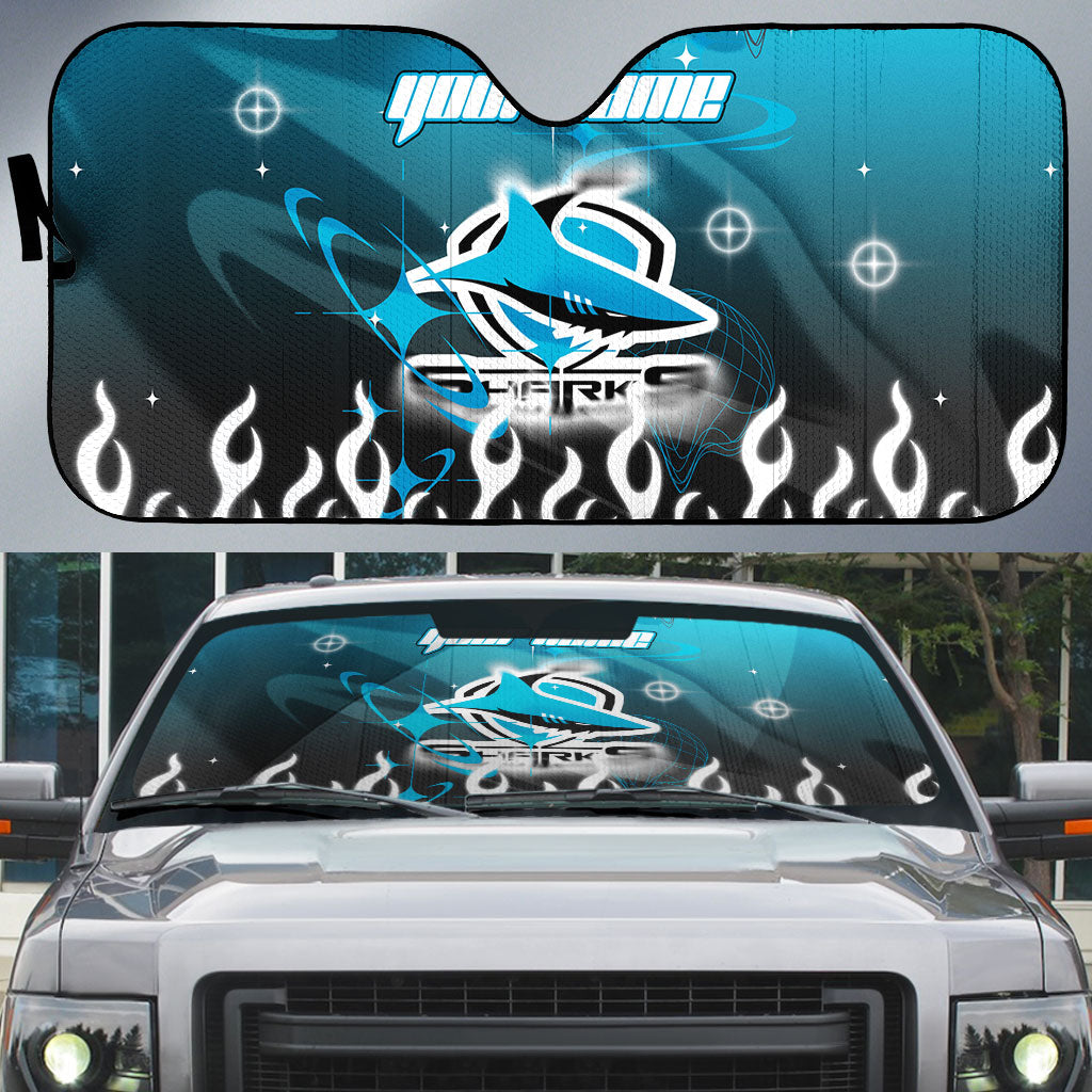 Personalized Cronulla-Sutherland Sharks Auto Sun Shade Y2K Grunge Aesthetic With Cyber Flames and Starburst Graphics