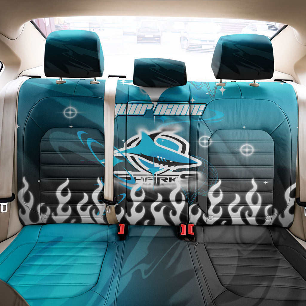 Personalized Cronulla-Sutherland Sharks Back Car Seat Cover Y2K Grunge Aesthetic With Cyber Flames and Starburst Graphics