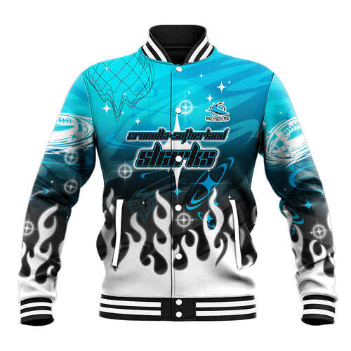 Personalized Cronulla-Sutherland Sharks Baseball Jacket Y2K Grunge Aesthetic With Cyber Flames and Starburst Graphics