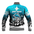 Personalized Cronulla-Sutherland Sharks Baseball Jacket Y2K Grunge Aesthetic With Cyber Flames and Starburst Graphics
