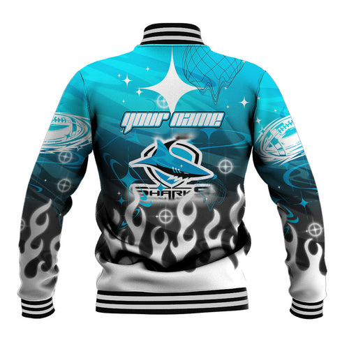 Personalized Cronulla-Sutherland Sharks Baseball Jacket Y2K Grunge Aesthetic With Cyber Flames and Starburst Graphics