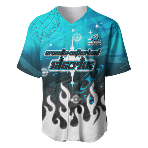 Personalized Cronulla-Sutherland Sharks Baseball Jersey Y2K Grunge Aesthetic With Cyber Flames and Starburst Graphics