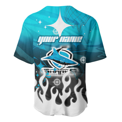 Personalized Cronulla-Sutherland Sharks Baseball Jersey Y2K Grunge Aesthetic With Cyber Flames and Starburst Graphics