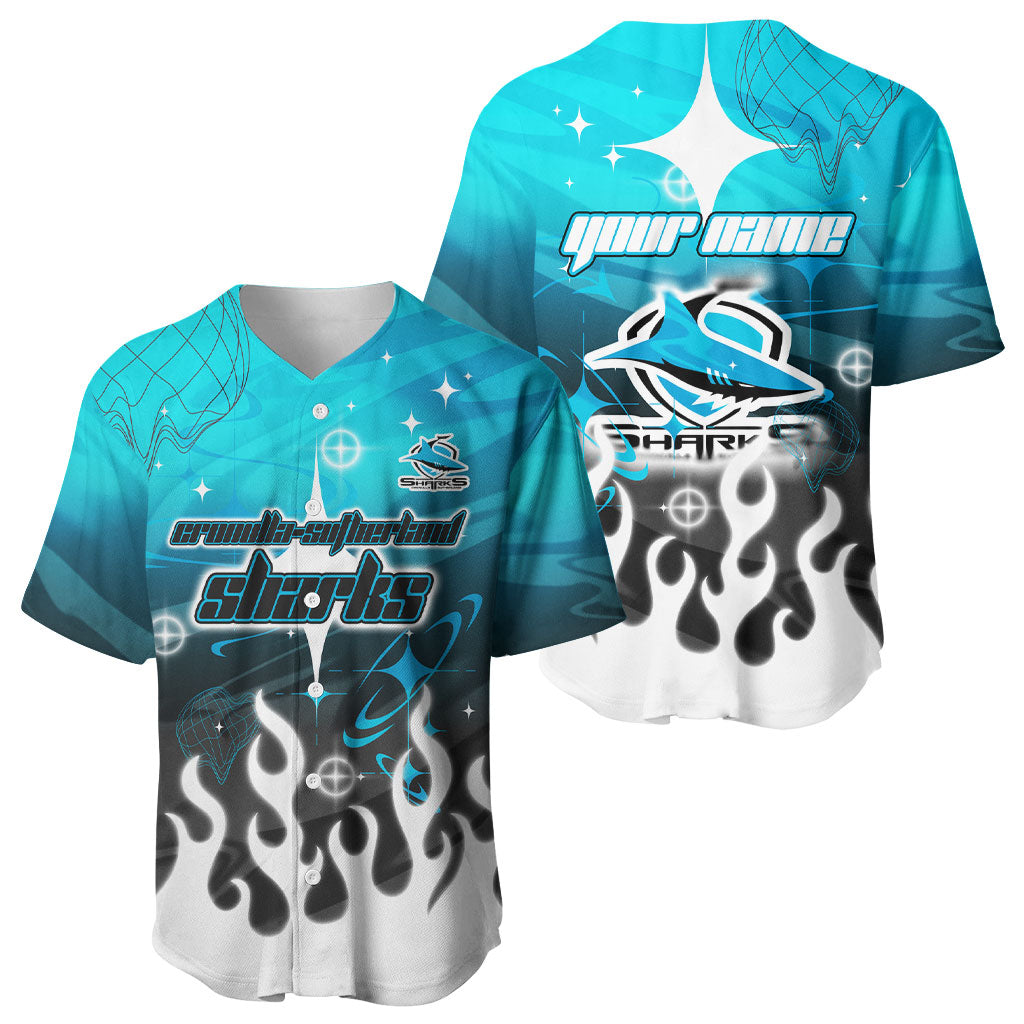 Personalized Cronulla-Sutherland Sharks Baseball Jersey Y2K Grunge Aesthetic With Cyber Flames and Starburst Graphics