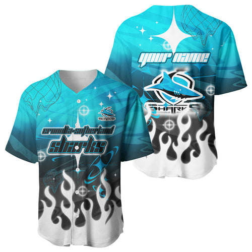 Personalized Cronulla-Sutherland Sharks Baseball Jersey Y2K Grunge Aesthetic With Cyber Flames and Starburst Graphics