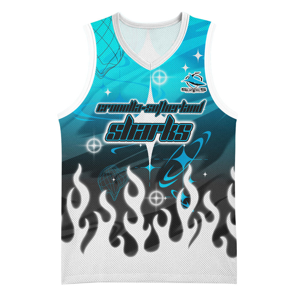 Personalized Cronulla-Sutherland Sharks Basketball Jersey Y2K Grunge Aesthetic With Cyber Flames and Starburst Graphics