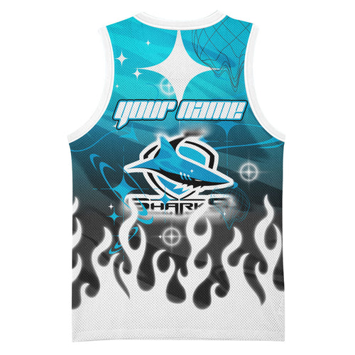 Personalized Cronulla-Sutherland Sharks Basketball Jersey Y2K Grunge Aesthetic With Cyber Flames and Starburst Graphics