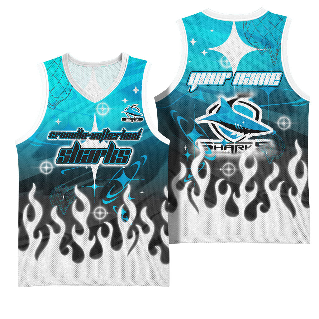 Personalized Cronulla-Sutherland Sharks Basketball Jersey Y2K Grunge Aesthetic With Cyber Flames and Starburst Graphics