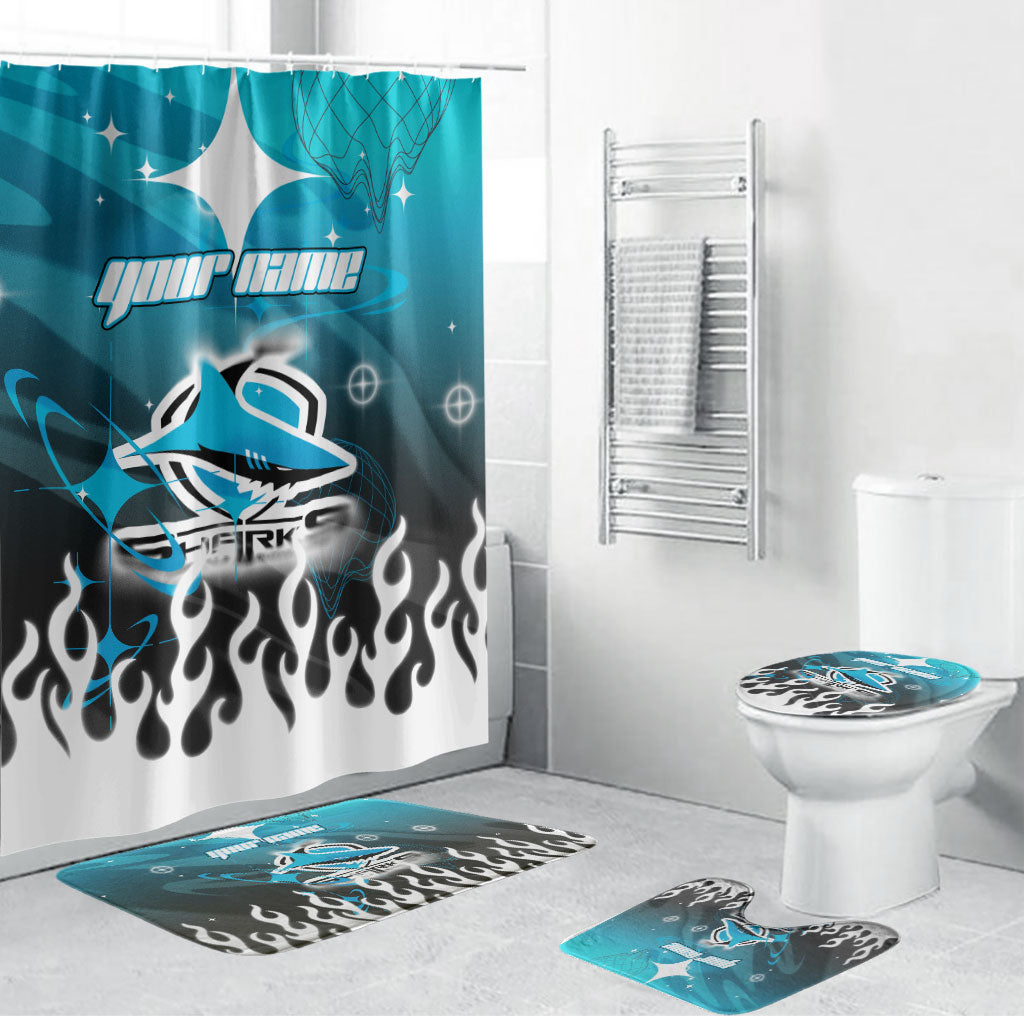 Personalized Cronulla-Sutherland Sharks Bathroom Set Y2K Grunge Aesthetic With Cyber Flames and Starburst Graphics