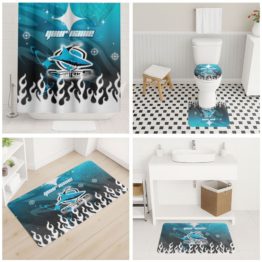 Personalized Cronulla-Sutherland Sharks Bathroom Set Y2K Grunge Aesthetic With Cyber Flames and Starburst Graphics