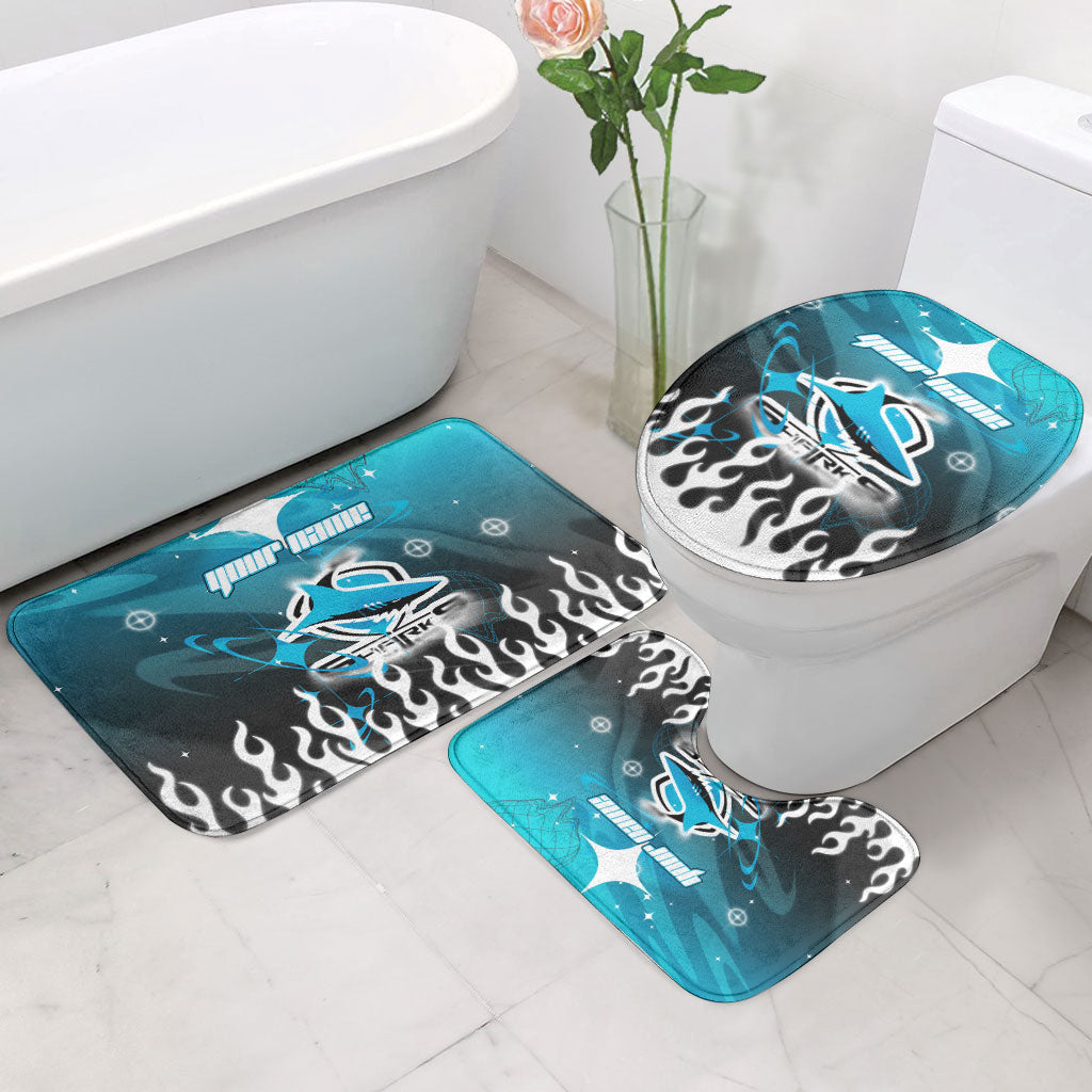 Personalized Cronulla-Sutherland Sharks Bathroom Set Y2K Grunge Aesthetic With Cyber Flames and Starburst Graphics