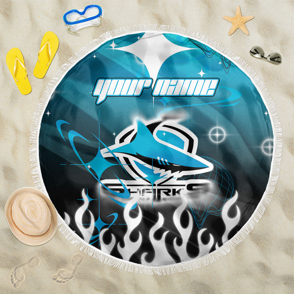 Personalized Cronulla-Sutherland Sharks Beach Blanket Y2K Grunge Aesthetic With Cyber Flames and Starburst Graphics