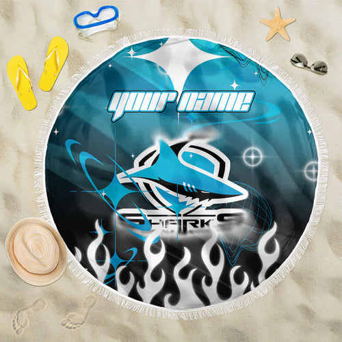 Personalized Cronulla-Sutherland Sharks Beach Blanket Y2K Grunge Aesthetic With Cyber Flames and Starburst Graphics