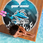 Personalized Cronulla-Sutherland Sharks Beach Blanket Y2K Grunge Aesthetic With Cyber Flames and Starburst Graphics