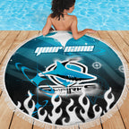 Personalized Cronulla-Sutherland Sharks Beach Blanket Y2K Grunge Aesthetic With Cyber Flames and Starburst Graphics