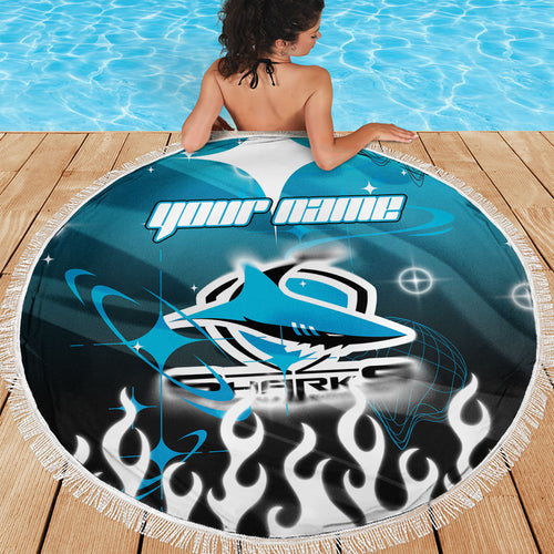 Personalized Cronulla-Sutherland Sharks Beach Blanket Y2K Grunge Aesthetic With Cyber Flames and Starburst Graphics