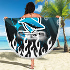 Personalized Cronulla-Sutherland Sharks Beach Blanket Y2K Grunge Aesthetic With Cyber Flames and Starburst Graphics