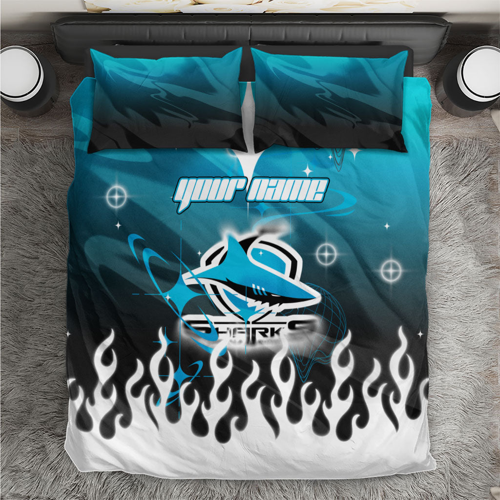 Personalized Cronulla-Sutherland Sharks Bedding Set Y2K Grunge Aesthetic With Cyber Flames and Starburst Graphics