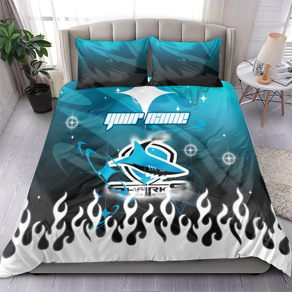 Personalized Cronulla-Sutherland Sharks Bedding Set Y2K Grunge Aesthetic With Cyber Flames and Starburst Graphics