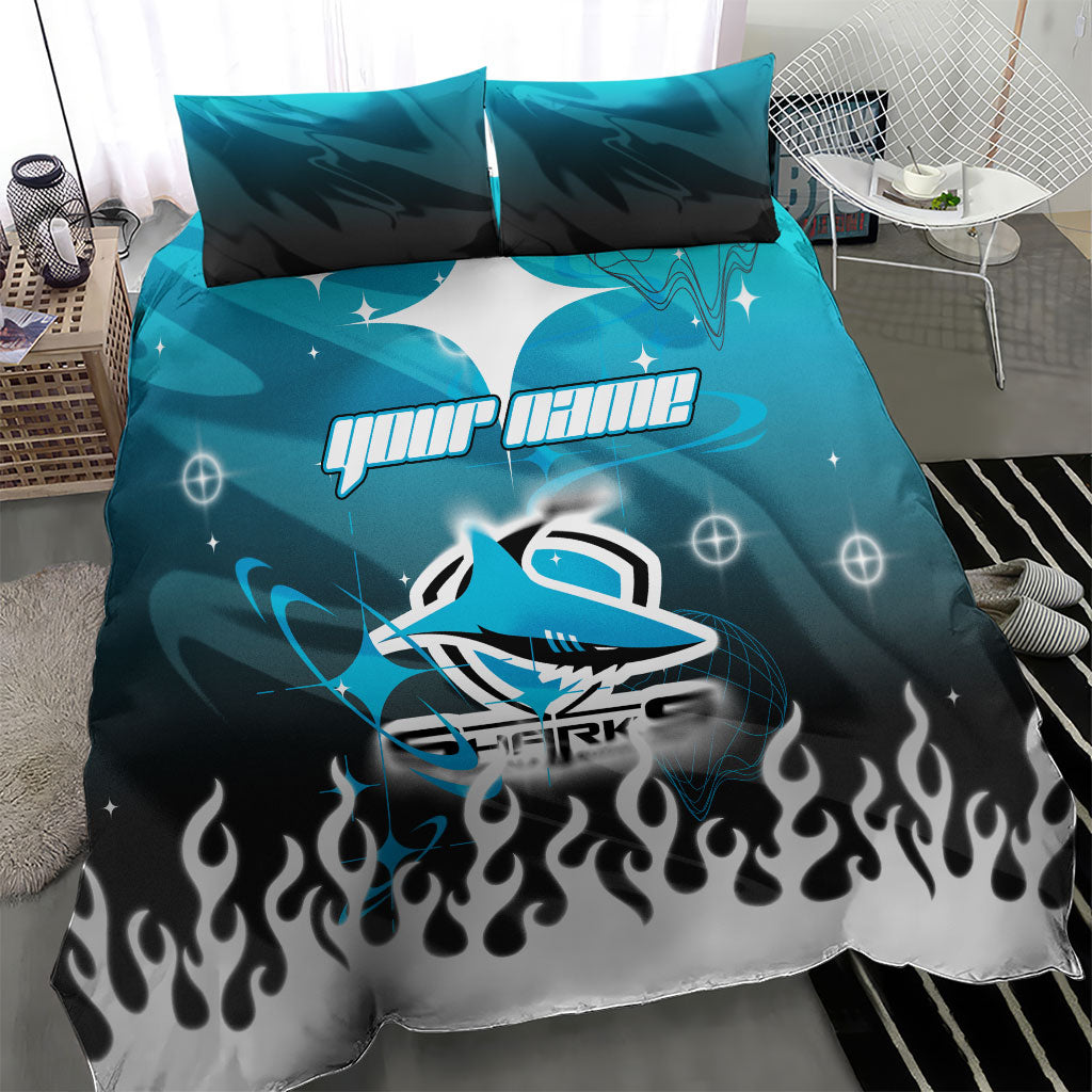 Personalized Cronulla-Sutherland Sharks Bedding Set Y2K Grunge Aesthetic With Cyber Flames and Starburst Graphics