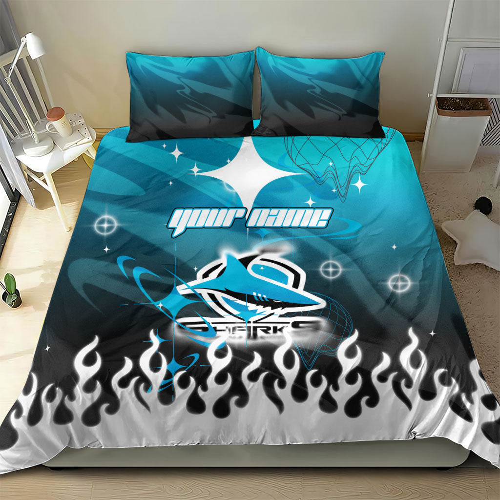 Personalized Cronulla-Sutherland Sharks Bedding Set Y2K Grunge Aesthetic With Cyber Flames and Starburst Graphics