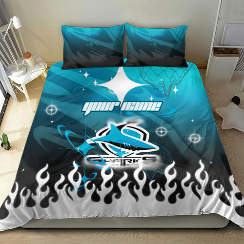 Personalized Cronulla-Sutherland Sharks Bedding Set Y2K Grunge Aesthetic With Cyber Flames and Starburst Graphics