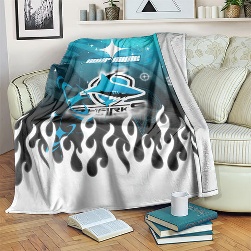 Personalized Cronulla-Sutherland Sharks Blanket Y2K Grunge Aesthetic With Cyber Flames and Starburst Graphics
