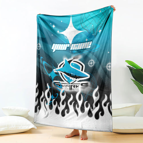 Personalized Cronulla-Sutherland Sharks Blanket Y2K Grunge Aesthetic With Cyber Flames and Starburst Graphics