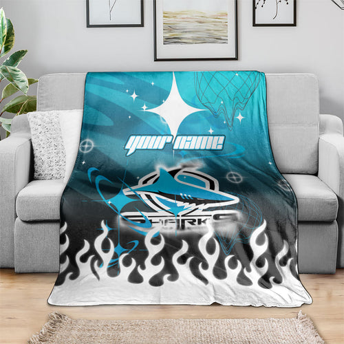 Personalized Cronulla-Sutherland Sharks Blanket Y2K Grunge Aesthetic With Cyber Flames and Starburst Graphics
