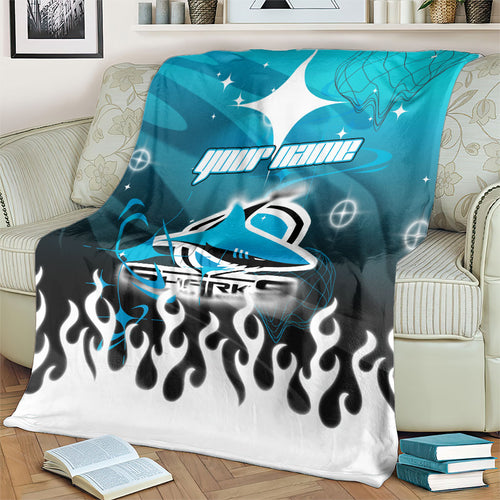 Personalized Cronulla-Sutherland Sharks Blanket Y2K Grunge Aesthetic With Cyber Flames and Starburst Graphics