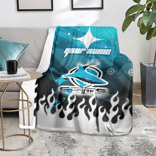 Personalized Cronulla-Sutherland Sharks Blanket Y2K Grunge Aesthetic With Cyber Flames and Starburst Graphics