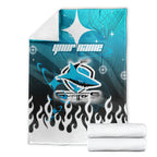 Personalized Cronulla-Sutherland Sharks Blanket Y2K Grunge Aesthetic With Cyber Flames and Starburst Graphics