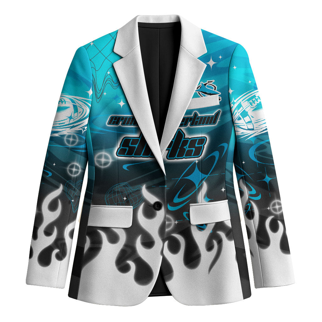Personalized Cronulla-Sutherland Sharks Blazer Y2K Grunge Aesthetic With Cyber Flames and Starburst Graphics