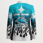 Personalized Cronulla-Sutherland Sharks Blazer Y2K Grunge Aesthetic With Cyber Flames and Starburst Graphics