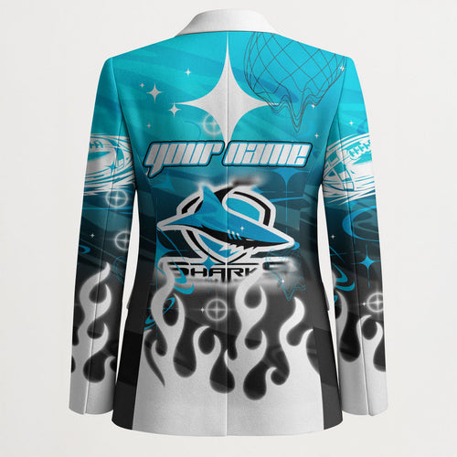Personalized Cronulla-Sutherland Sharks Blazer Y2K Grunge Aesthetic With Cyber Flames and Starburst Graphics
