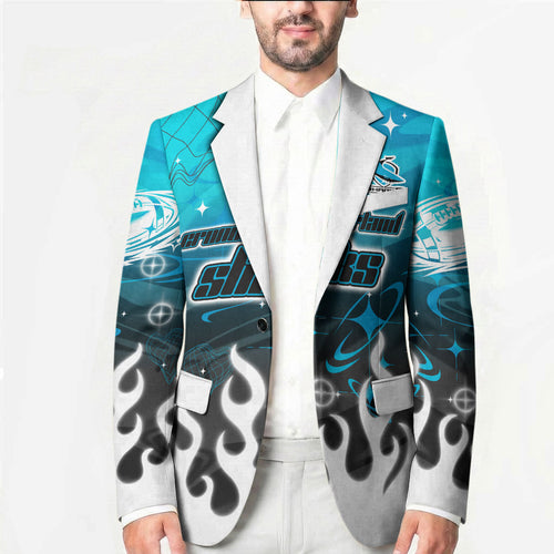 Personalized Cronulla-Sutherland Sharks Blazer Y2K Grunge Aesthetic With Cyber Flames and Starburst Graphics