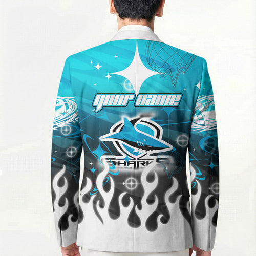 Personalized Cronulla-Sutherland Sharks Blazer Y2K Grunge Aesthetic With Cyber Flames and Starburst Graphics