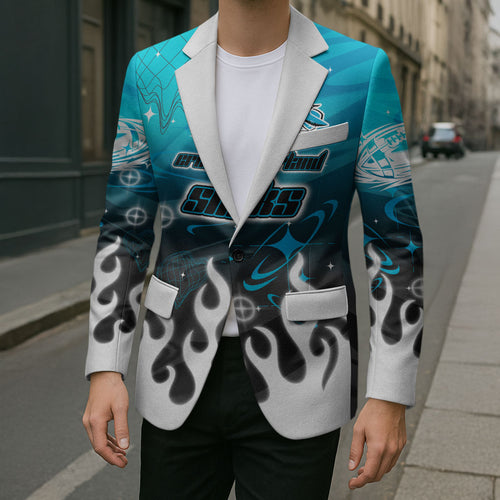 Personalized Cronulla-Sutherland Sharks Blazer Y2K Grunge Aesthetic With Cyber Flames and Starburst Graphics