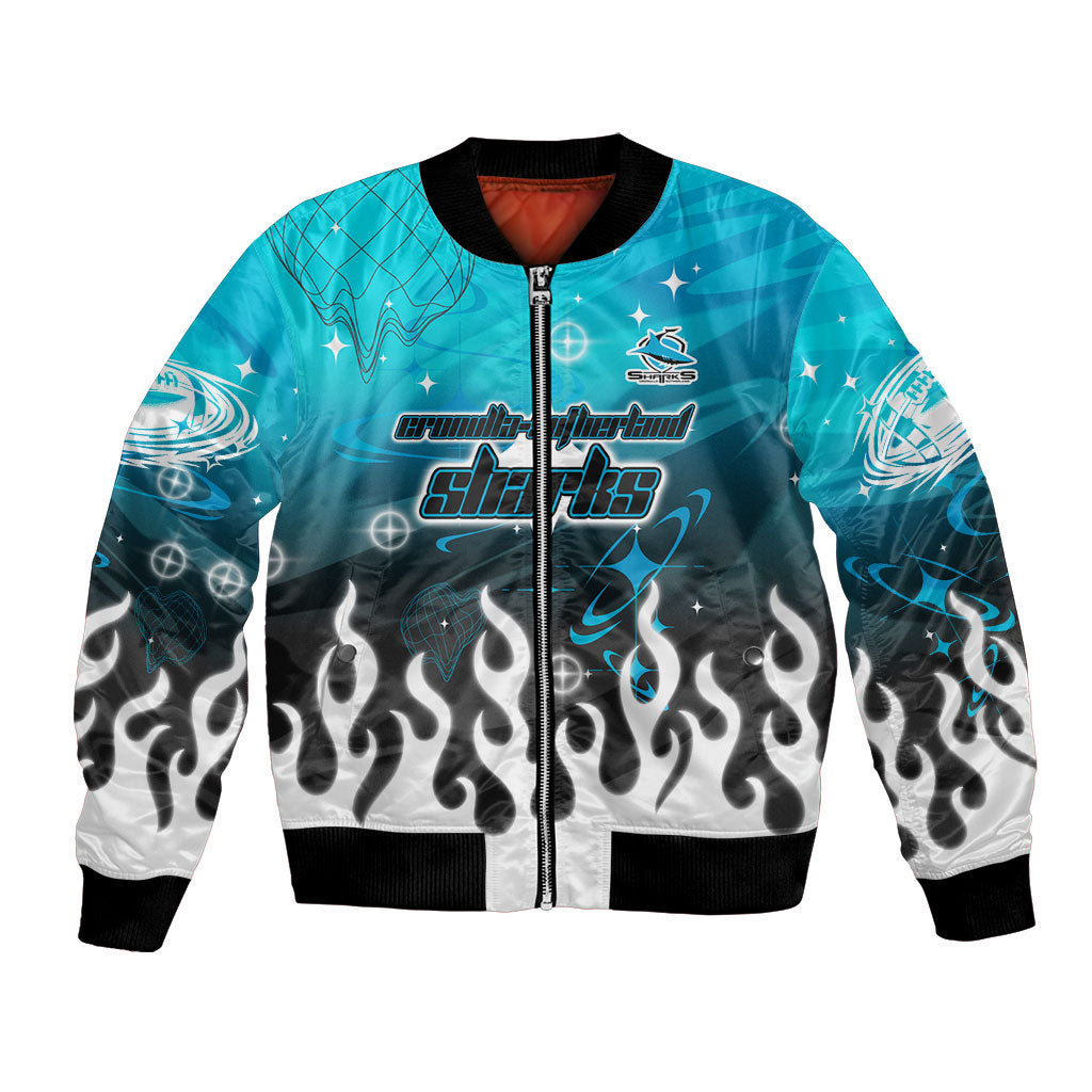 Personalized Cronulla-Sutherland Sharks Bomber Jacket Y2K Grunge Aesthetic With Cyber Flames and Starburst Graphics